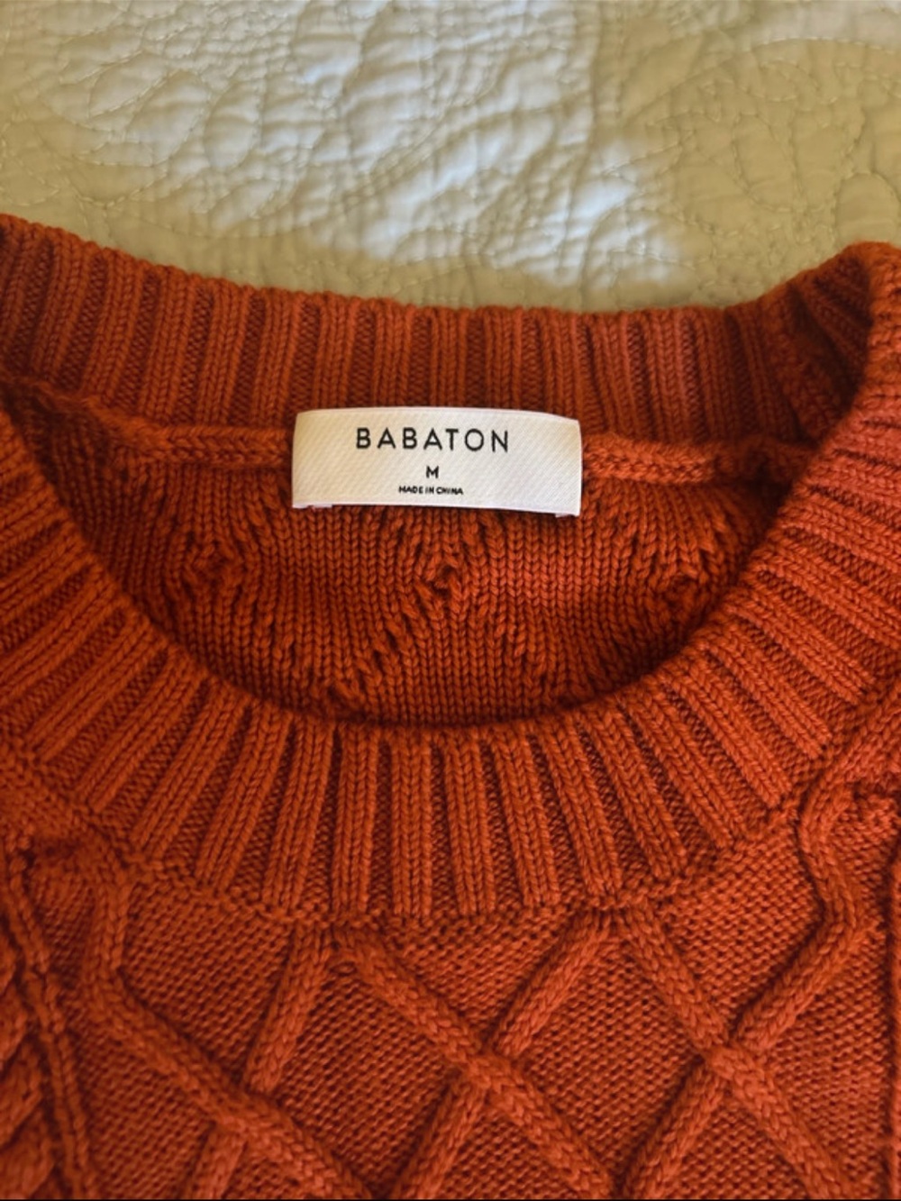 Babaton Orange Crewneck Cable Knit Sweater